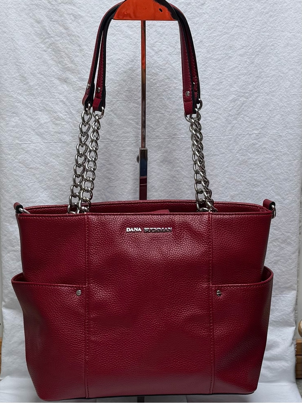 Dana Buchman Burgundy Leather Tote with Silver Chain Straps